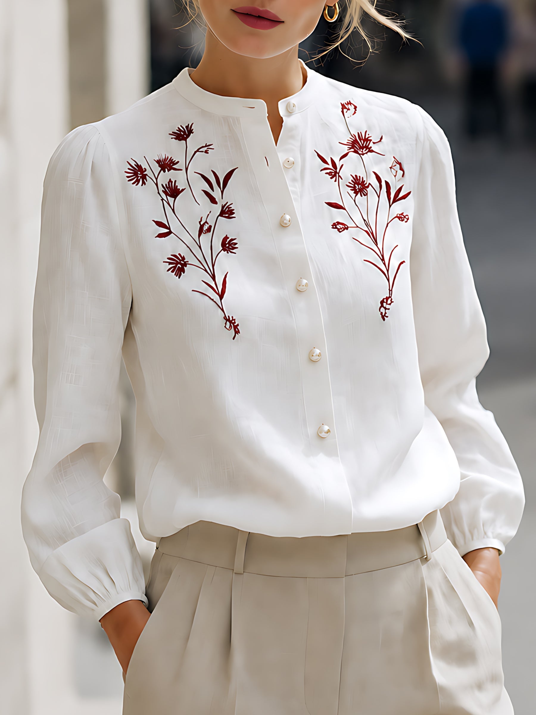 Embroidered Linen Button-Up Blouse