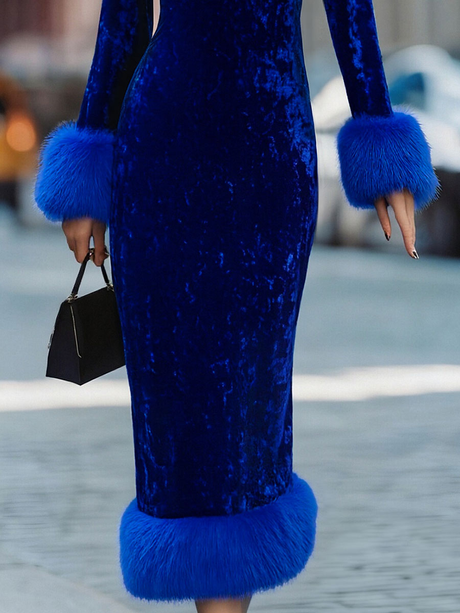 Glamorous Royal Blue Velvet Dress With Feather Trims