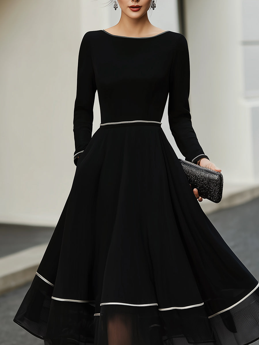 Long Sleeve Contrast Trim Midi Dress With Flared Skirt