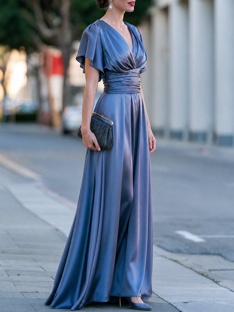 Satin V-Neck Flutter Sleeve Wrap Waist Maxi Dress