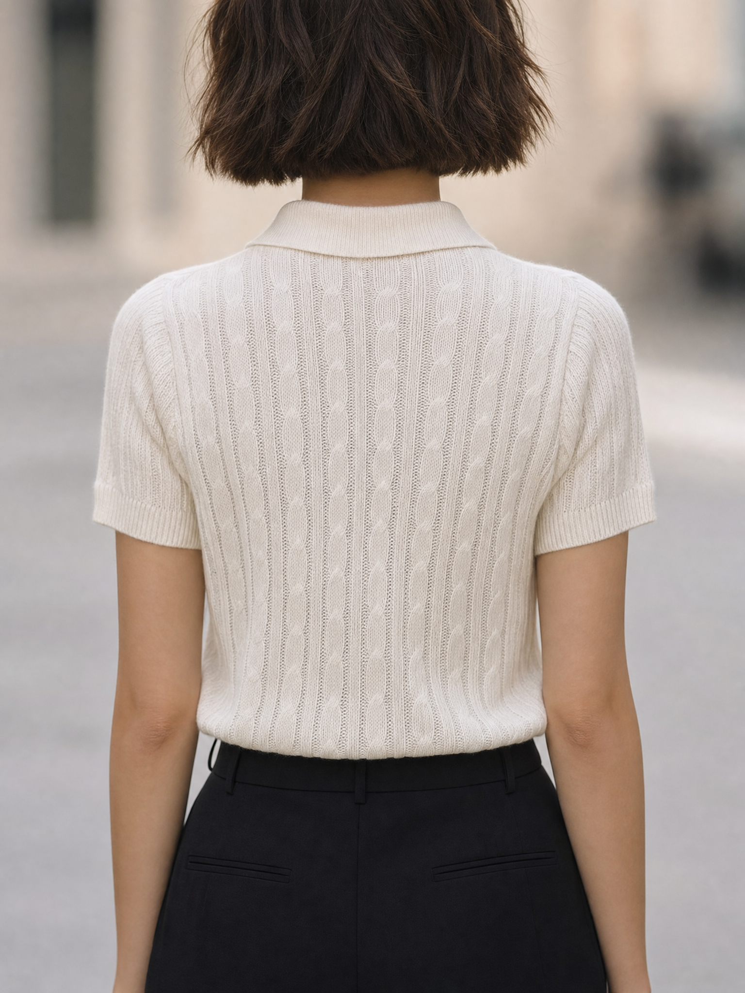 Elegant White Cable Knit Polo Sweater Top