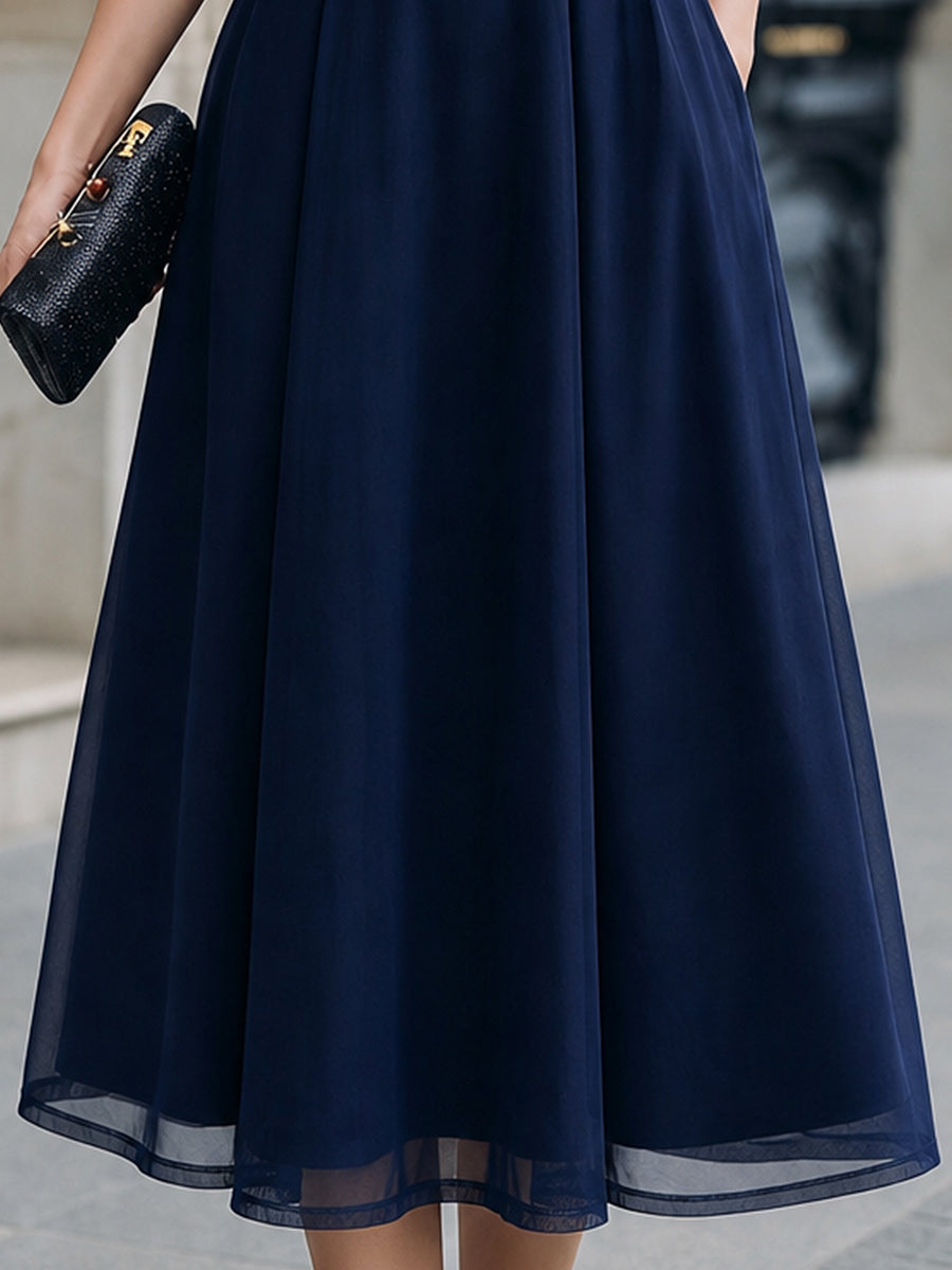 Off-Shoulder Illusion Mesh A-Line Midi Dress
