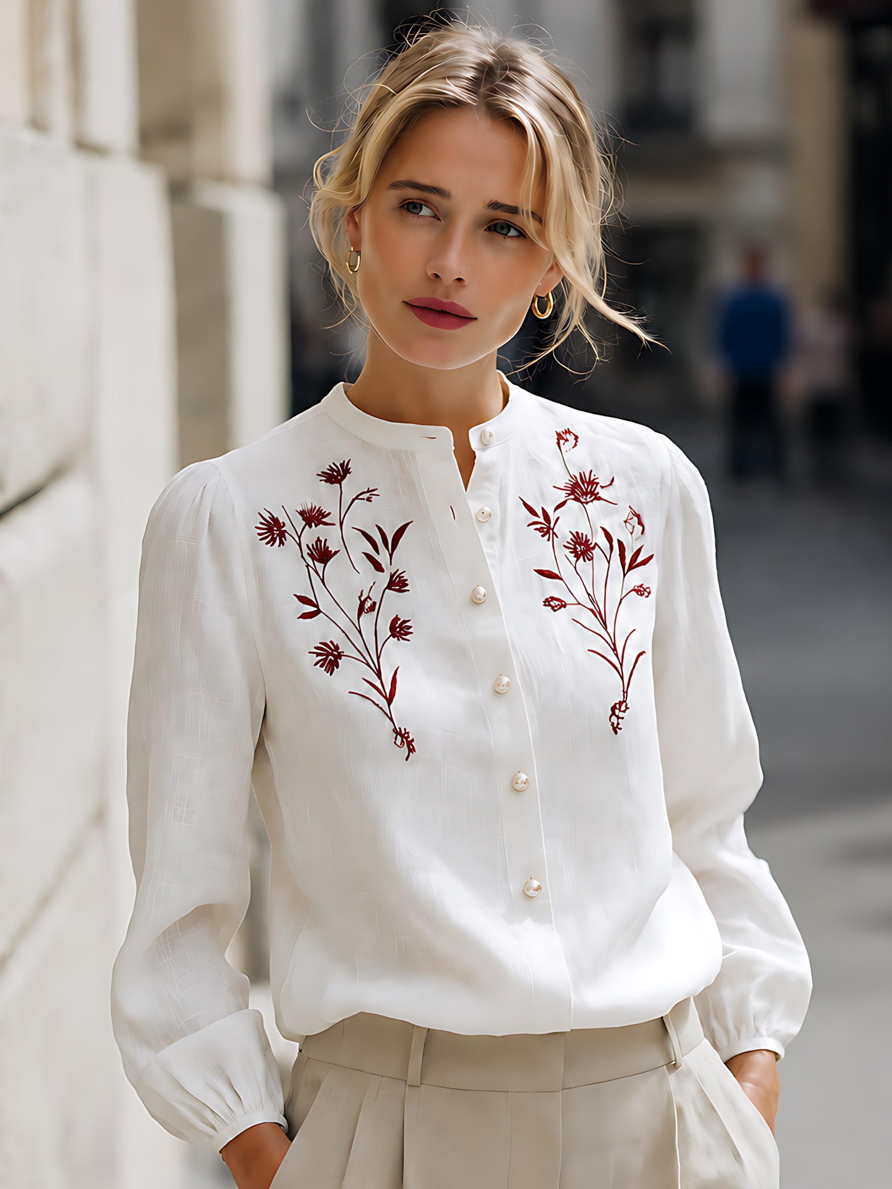 Embroidered Linen Button-Up Blouse