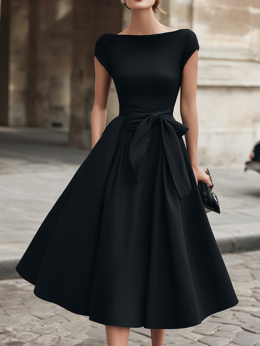Cap-Sleeve Bow-Waist Midi Dress