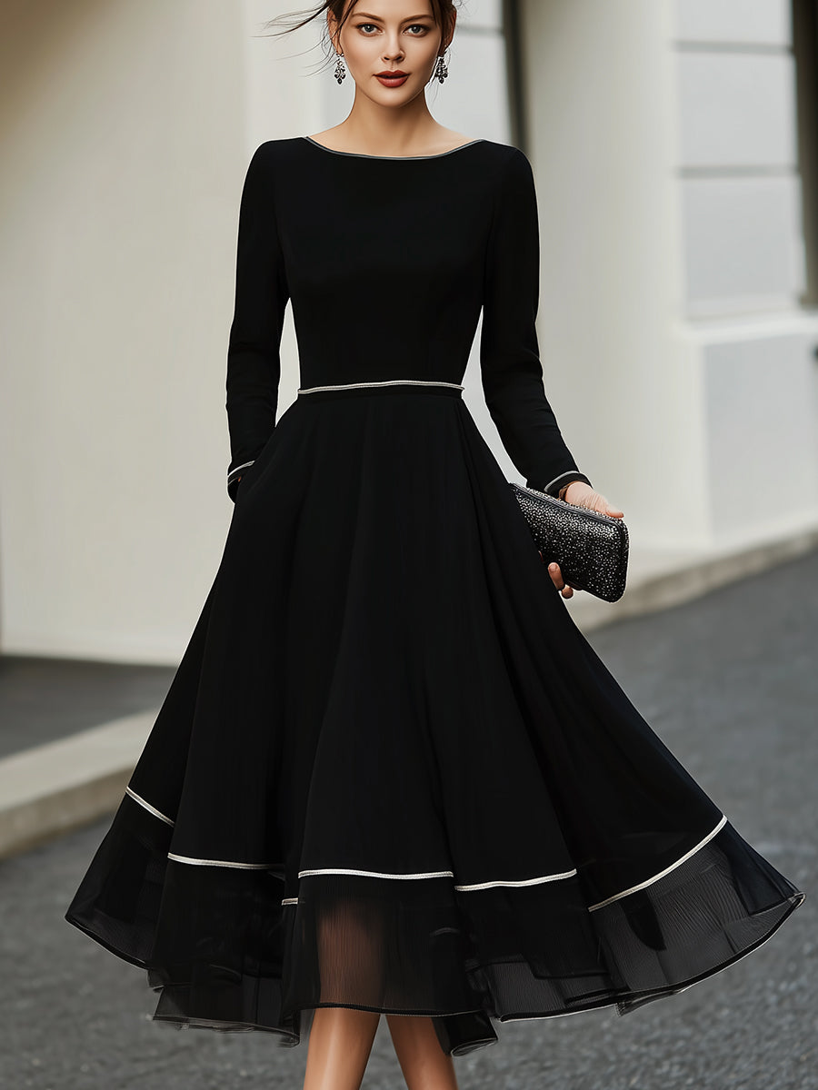Long Sleeve Contrast Trim Midi Dress With Flared Skirt
