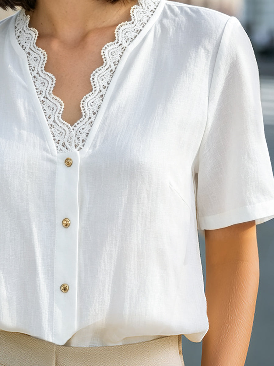 Lace-Trim V-Neck Button-Front Short Sleeve Blouse