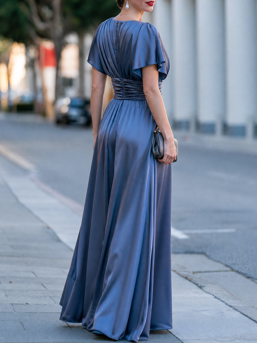 Satin V-Neck Flutter Sleeve Wrap Waist Maxi Dress