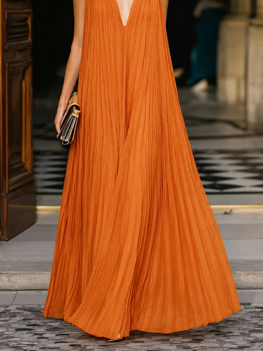 Deep V-Neck Pleated Flowing Maxi Dress