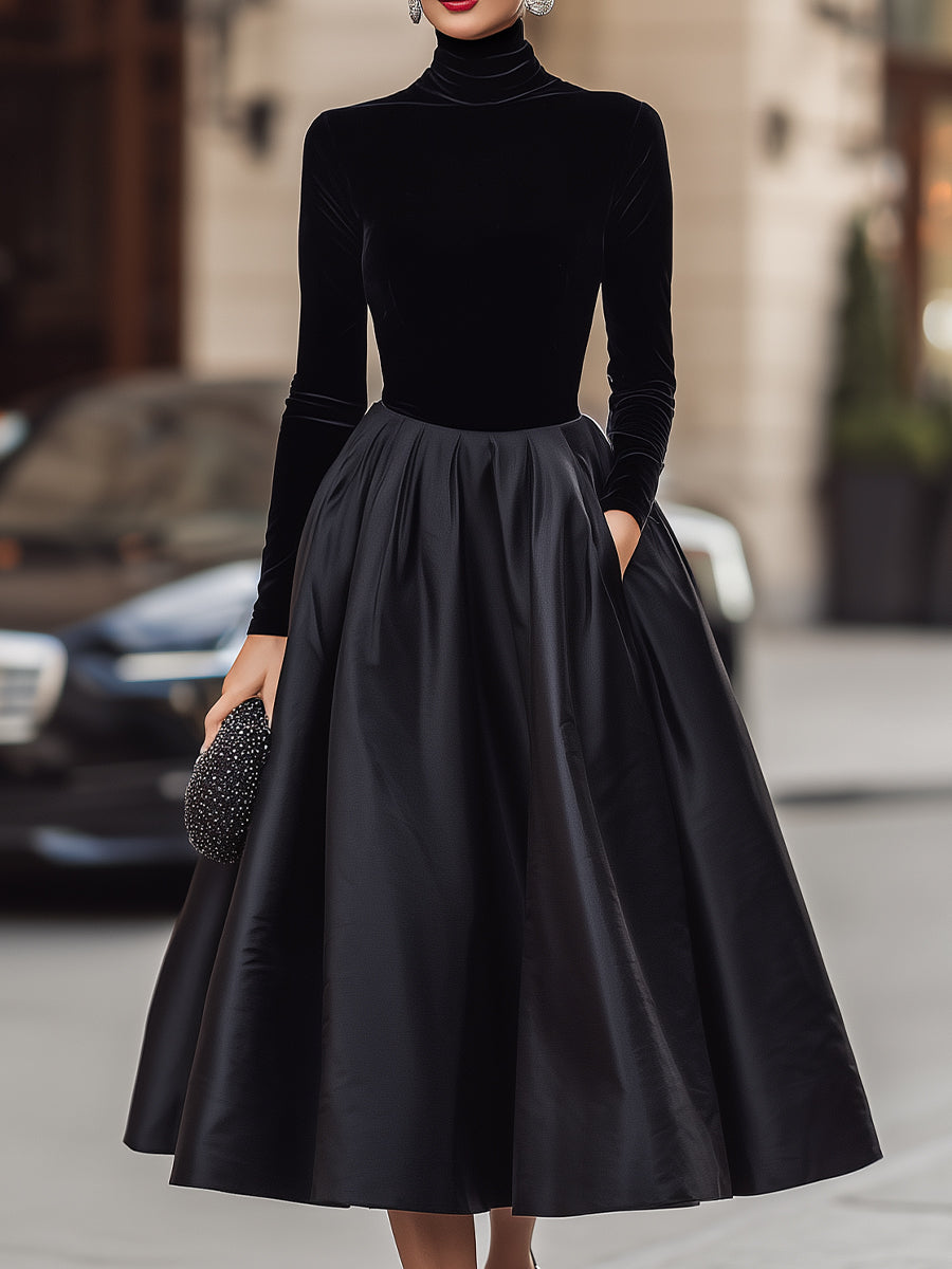 Elegant Black Velvet And Satin Midi Dress