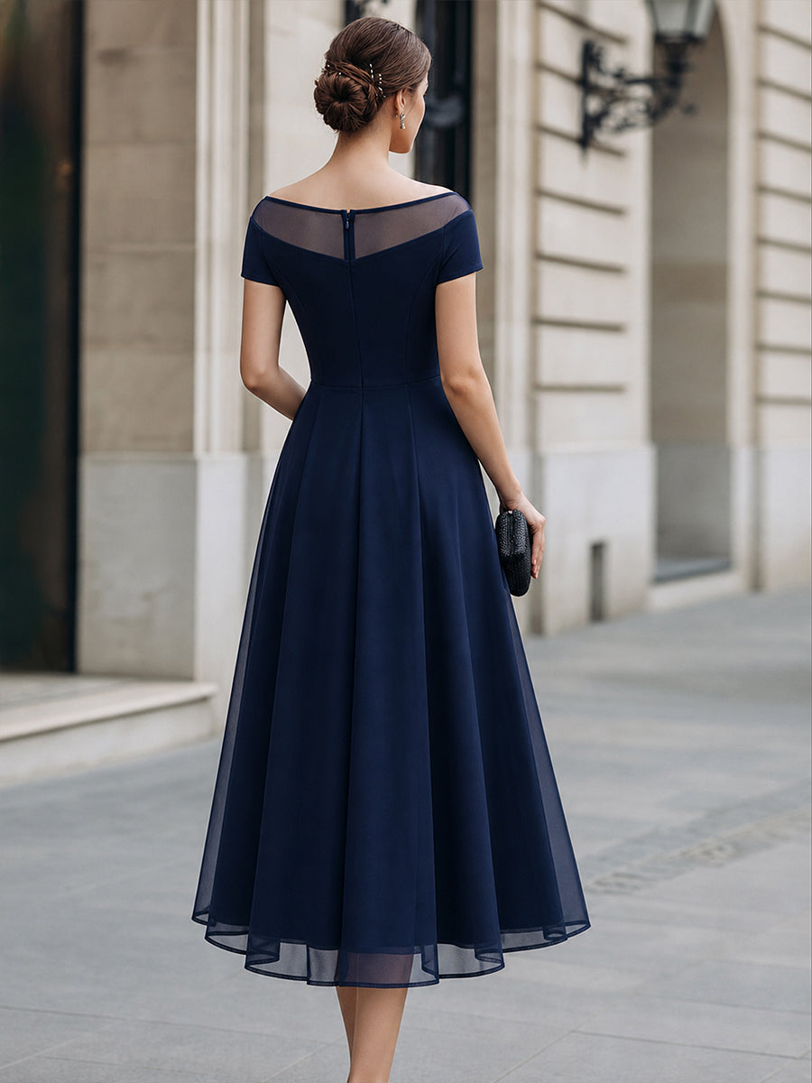 Off-Shoulder Illusion Mesh A-Line Midi Dress