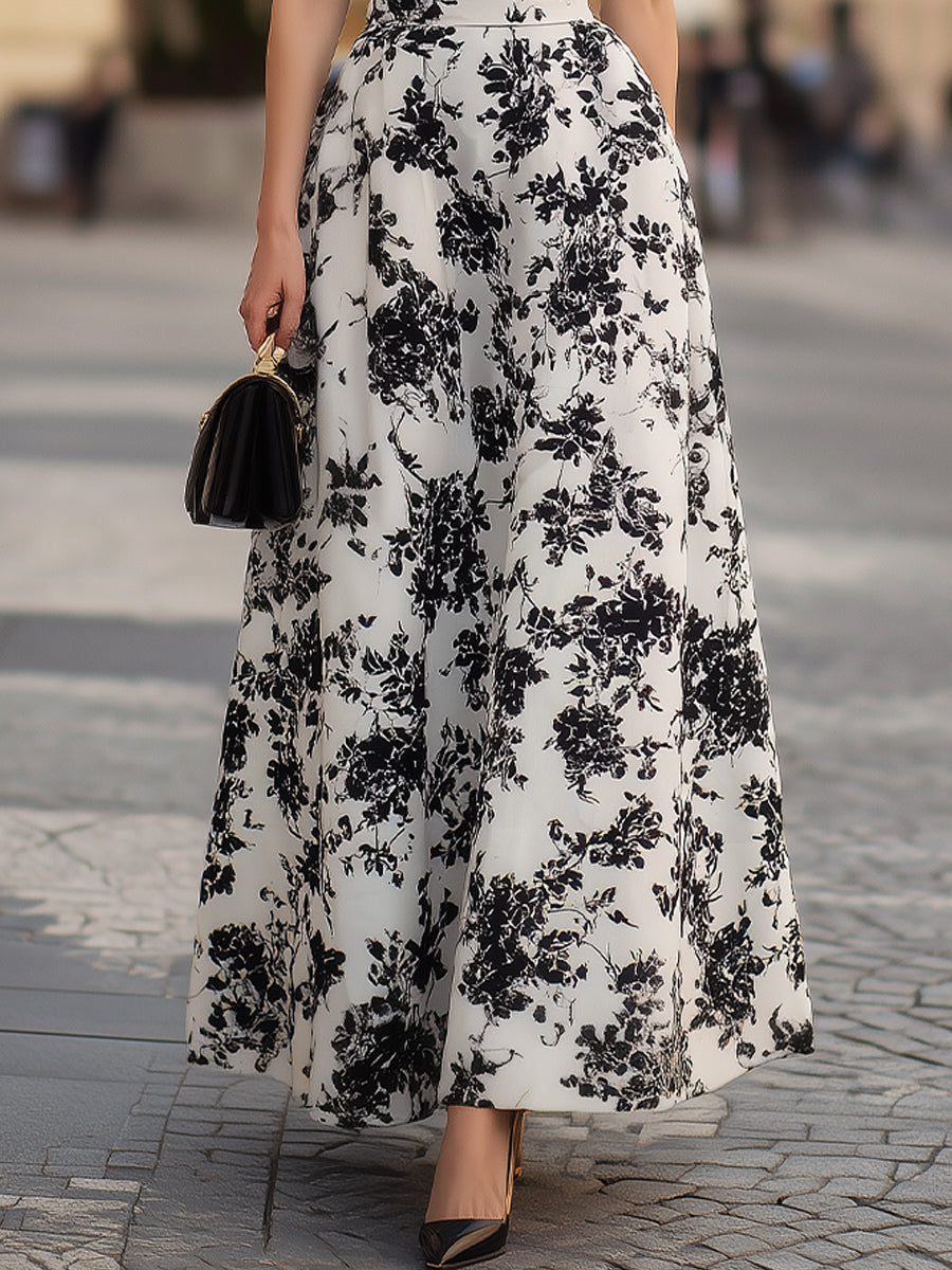 Black Puff Sleeve Bodice & Black Floral Print Maxi Dress
