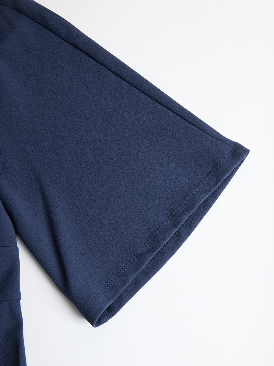 Elegant Navy Blue Batwing Sleeve Midi Sheath Dress