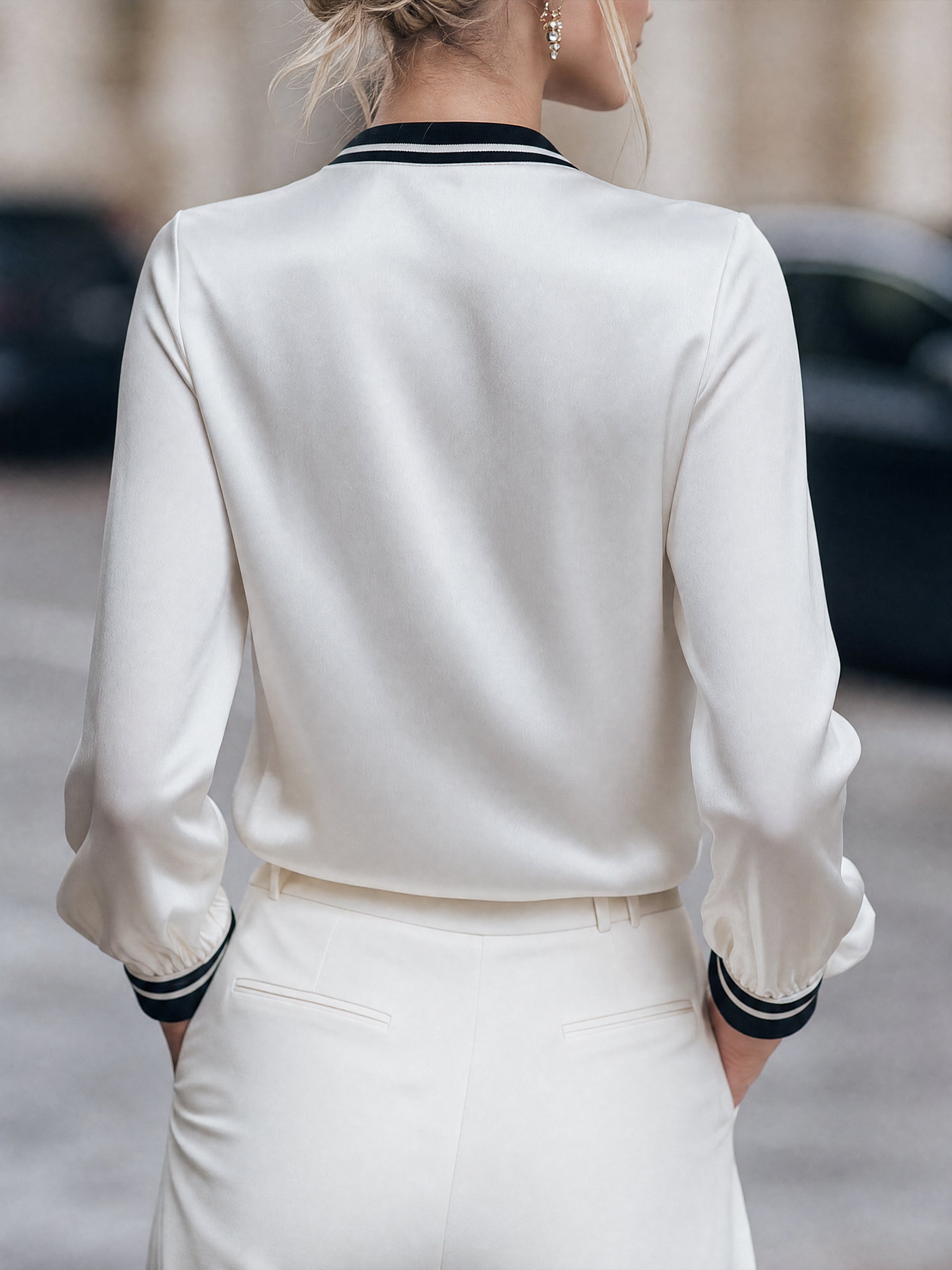 Contrast Trim V-Neck Satin Blouse
