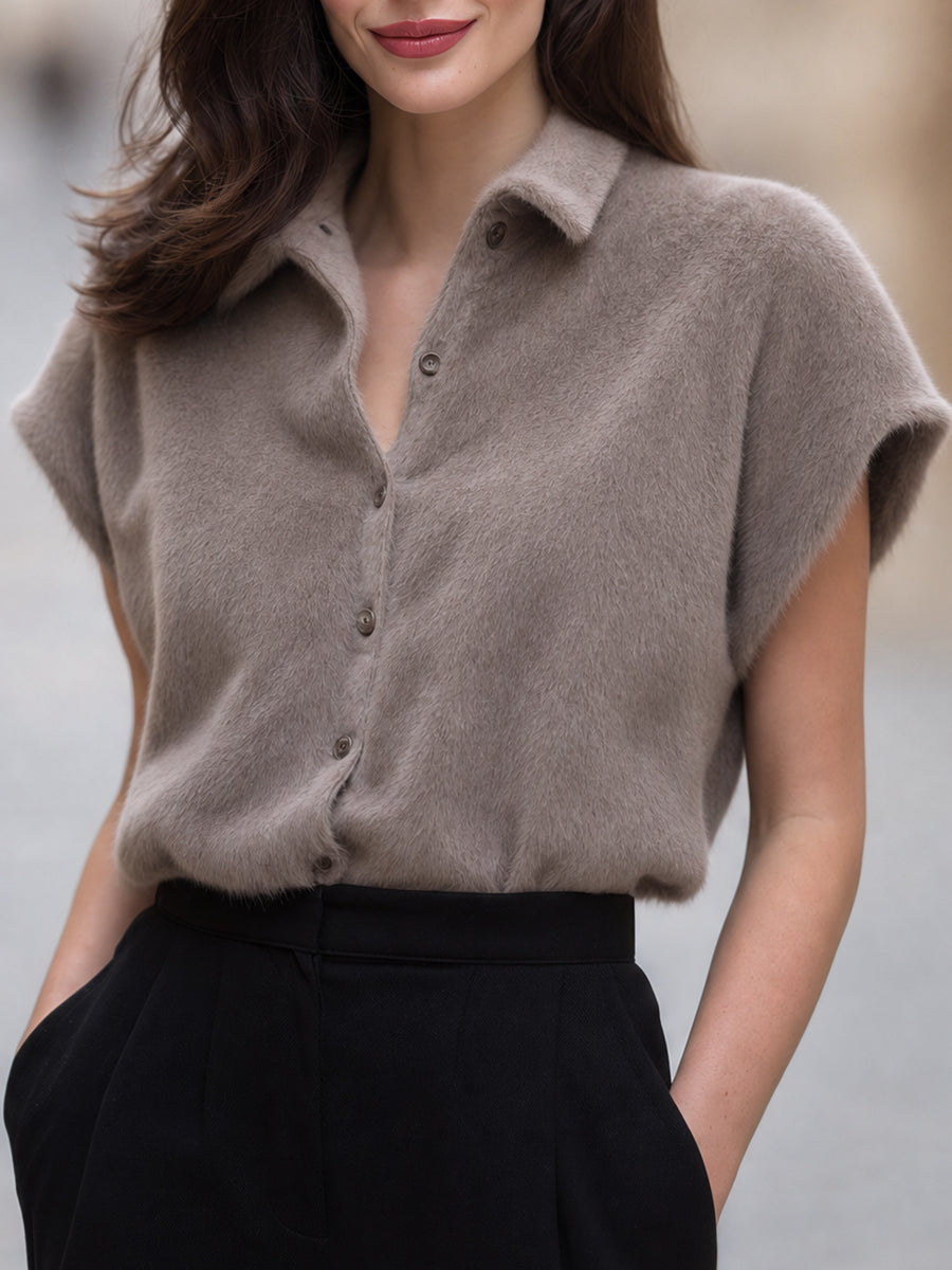 Women's Short-Sleeve Faux Mink Knit Cardigan With Collar