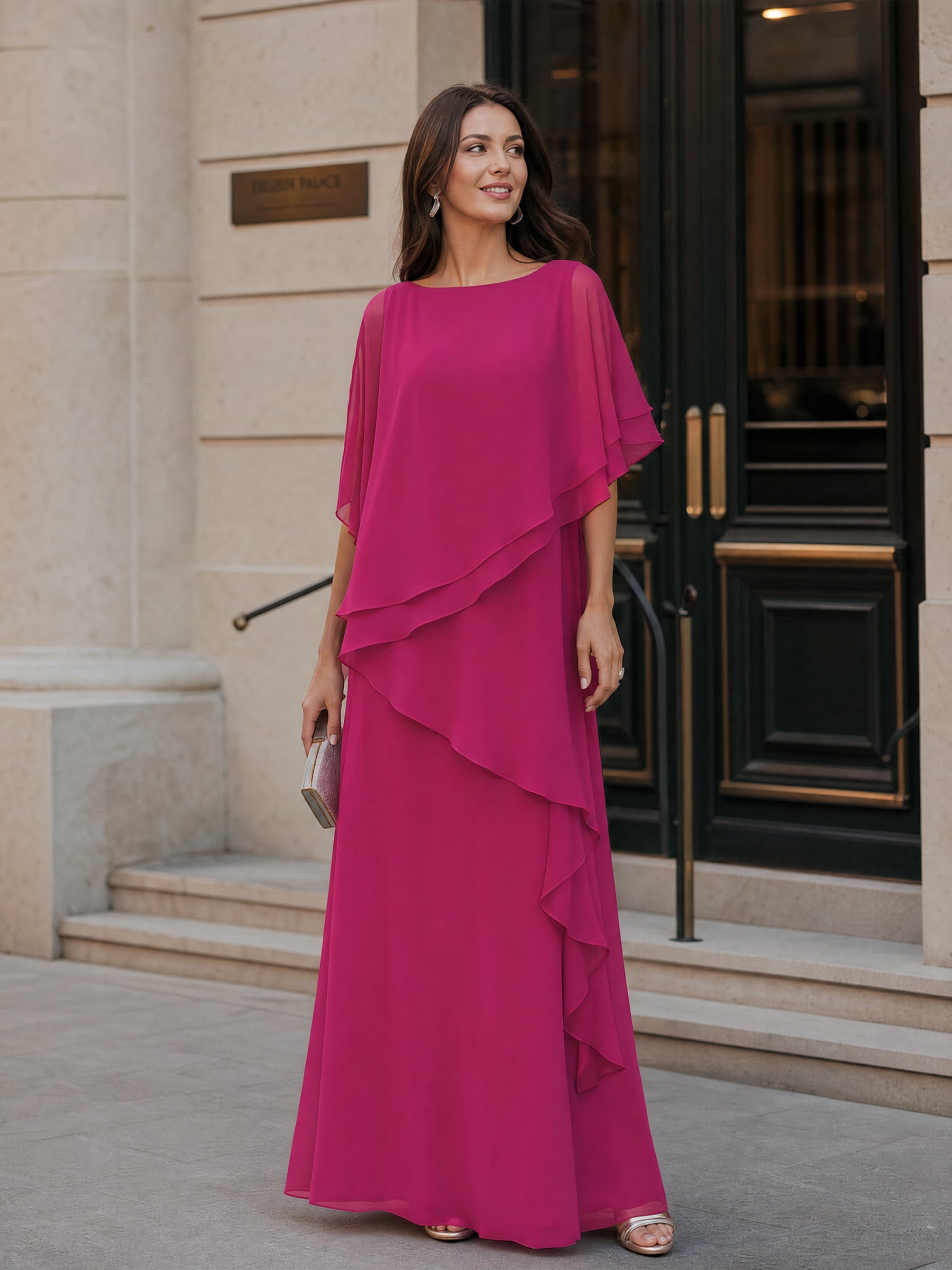 Asymmetric Tiered Chiffon Overlay Cape Maxi Dress