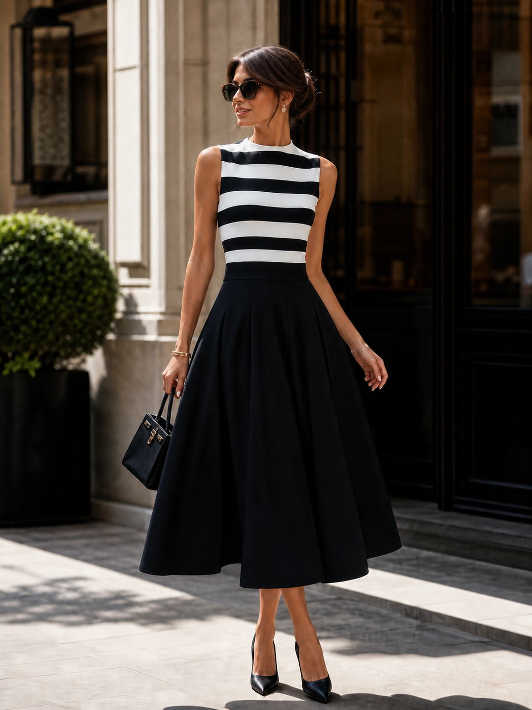 Chic Striped Sleeveless Midi Dress With Pockets