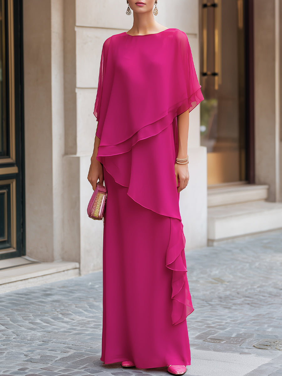 Asymmetric Tiered Chiffon Overlay Cape Maxi Dress
