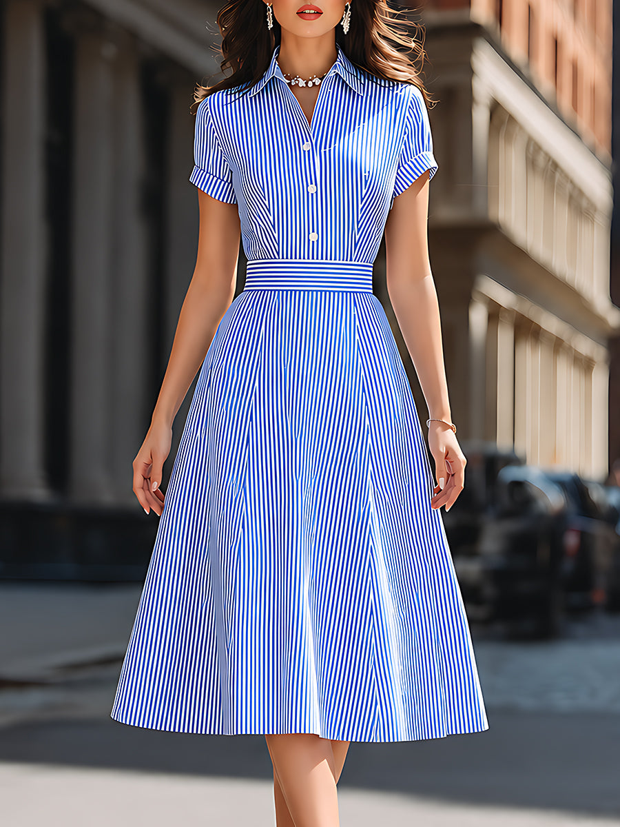 Striped Shirt Collar Fit-and-Flare Midi Dress