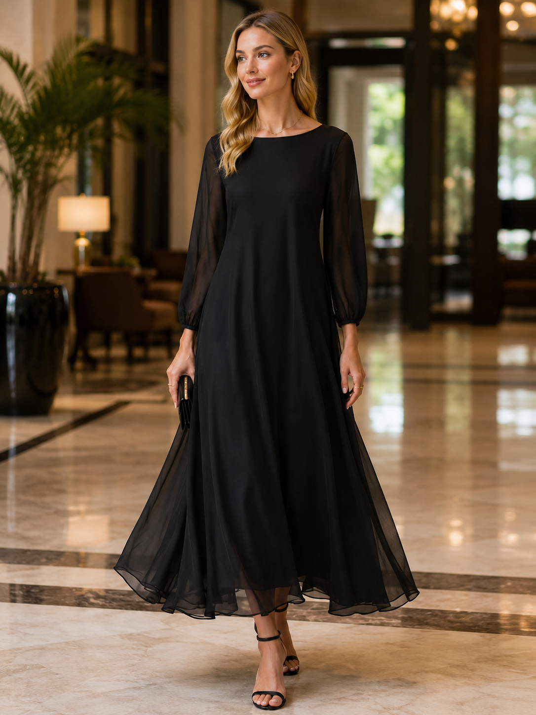 Sheer Sleeve Flowing A-Line Maxi Dress