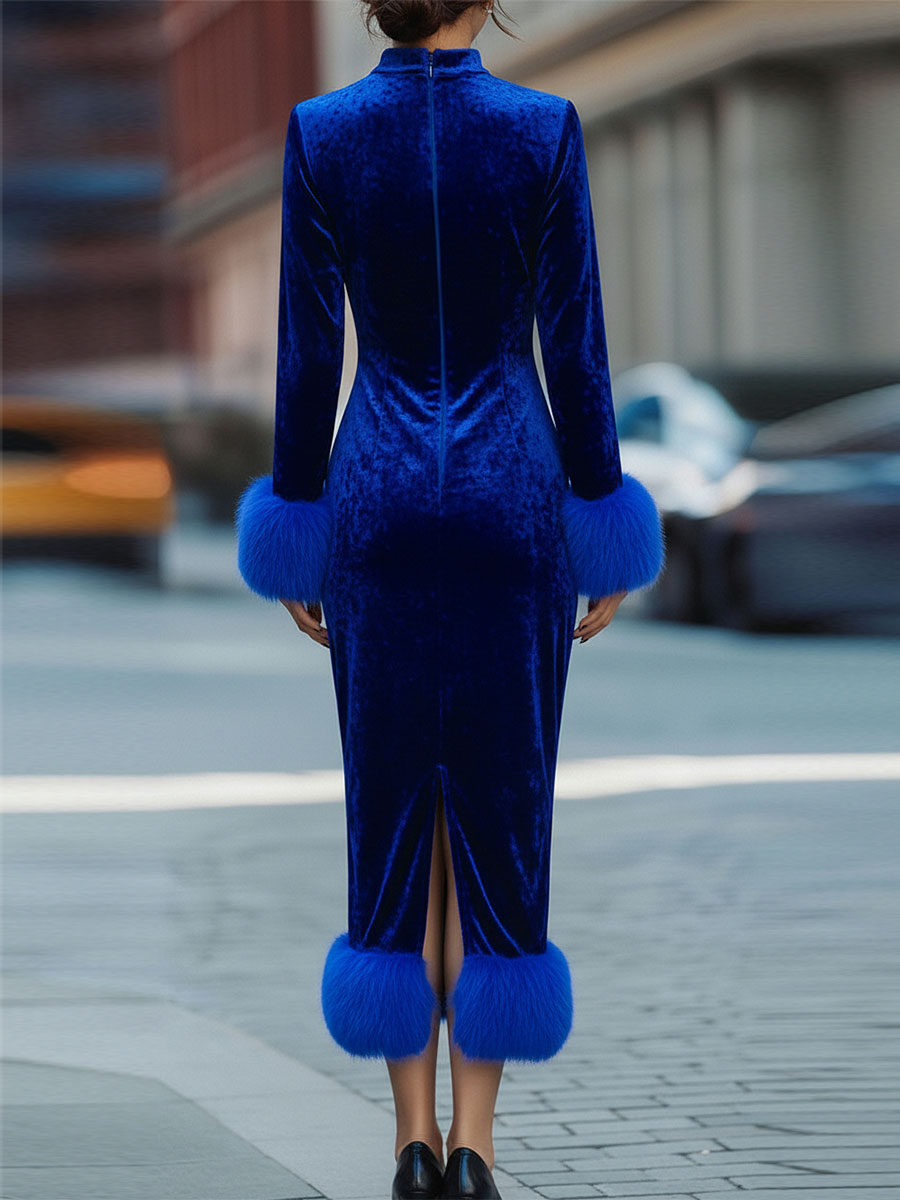 Glamorous Royal Blue Velvet Dress With Feather Trims
