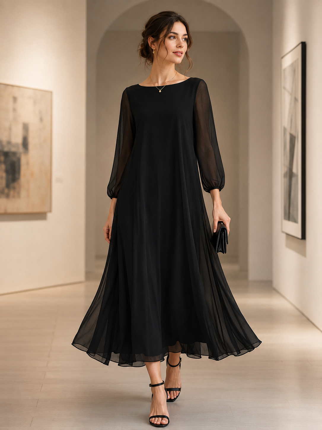 Sheer Sleeve Flowing A-Line Maxi Dress