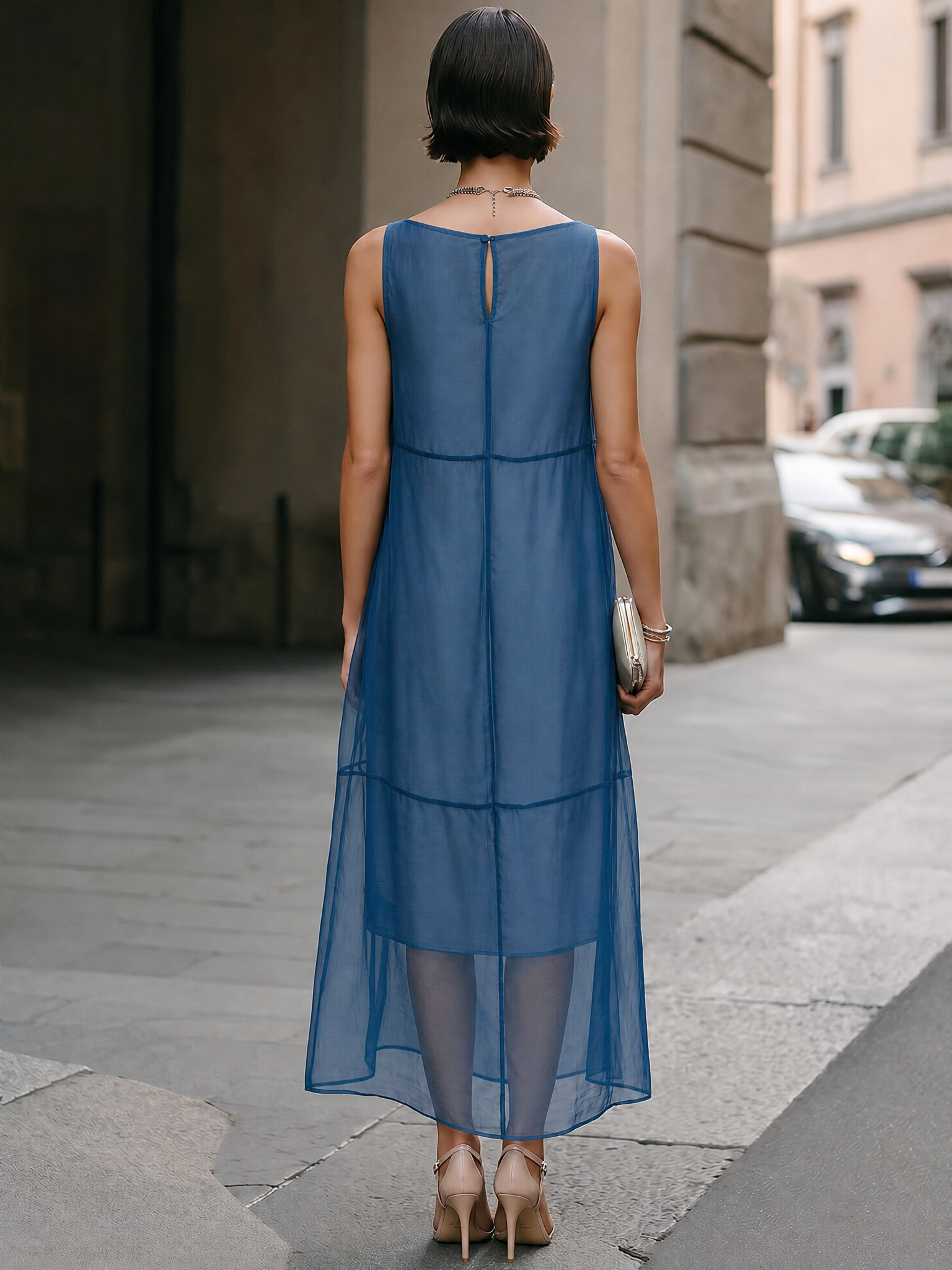 Sheer Layered Chiffon Midi Dress