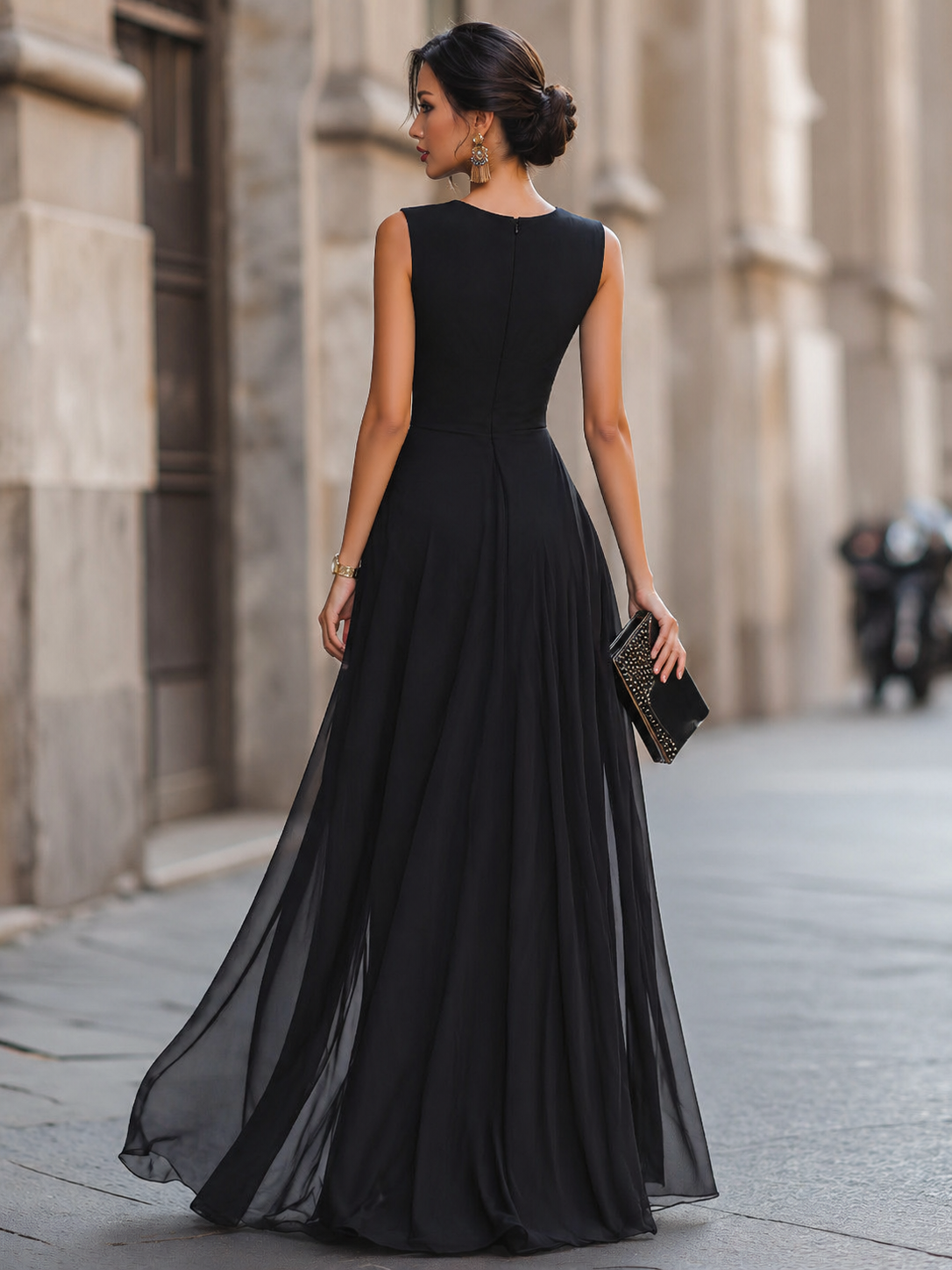 Draped High-Slit Layered Maxi Evening Dress