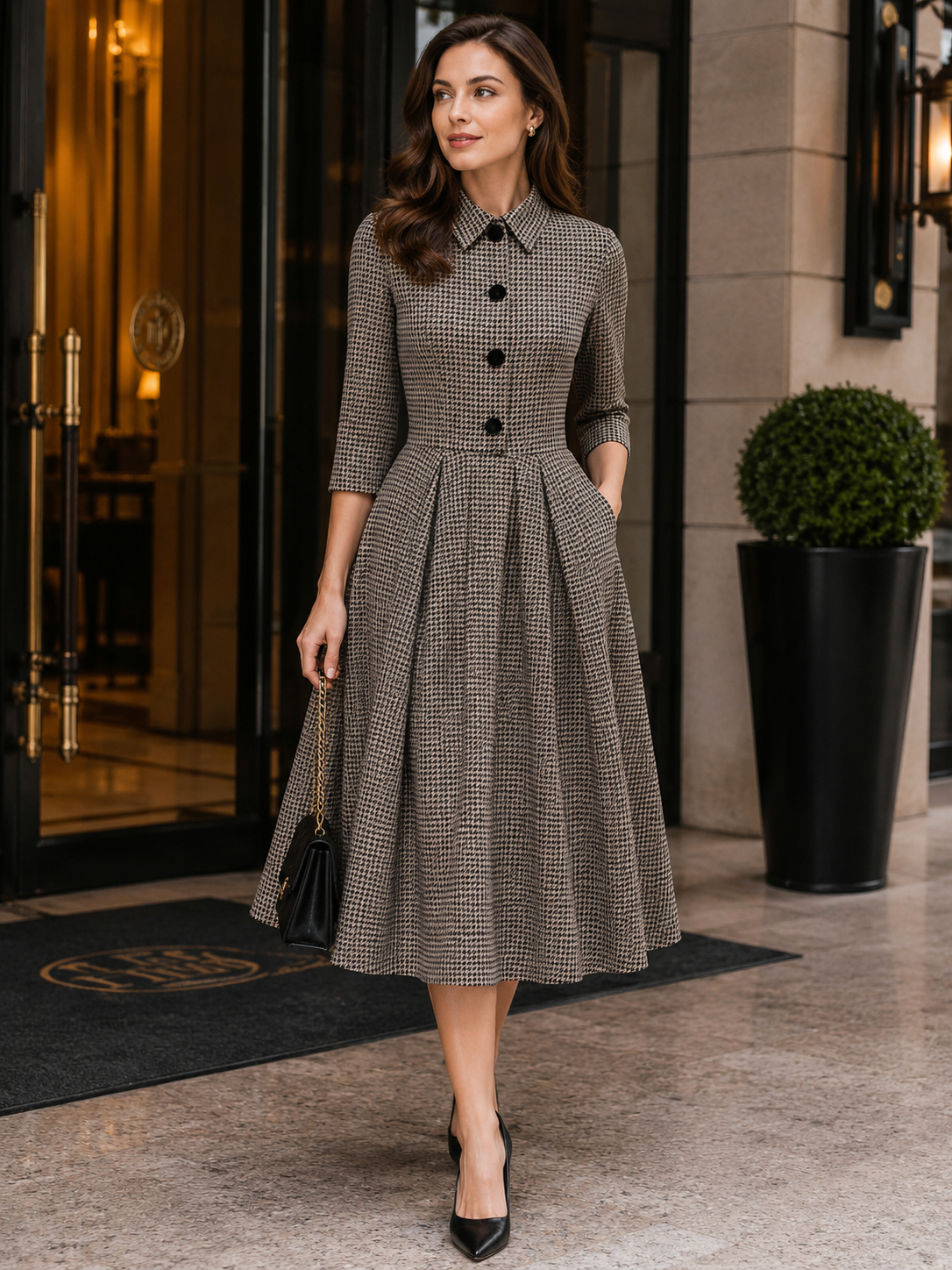 Houndstooth Collared 3/4 Sleeve Button Front A-Line Midi Dress