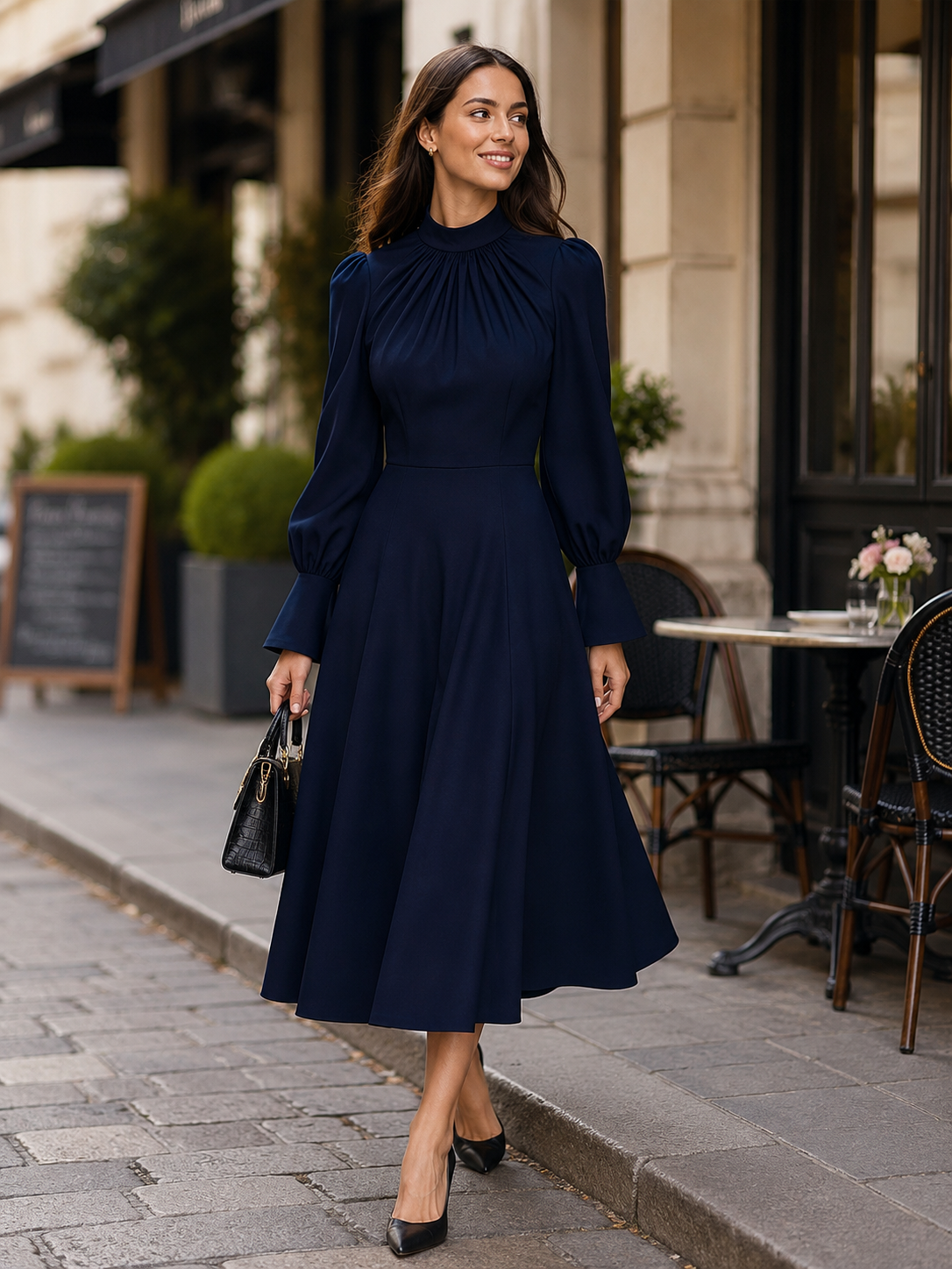 High Neck Gathered Bust  A-Line Midi Dress