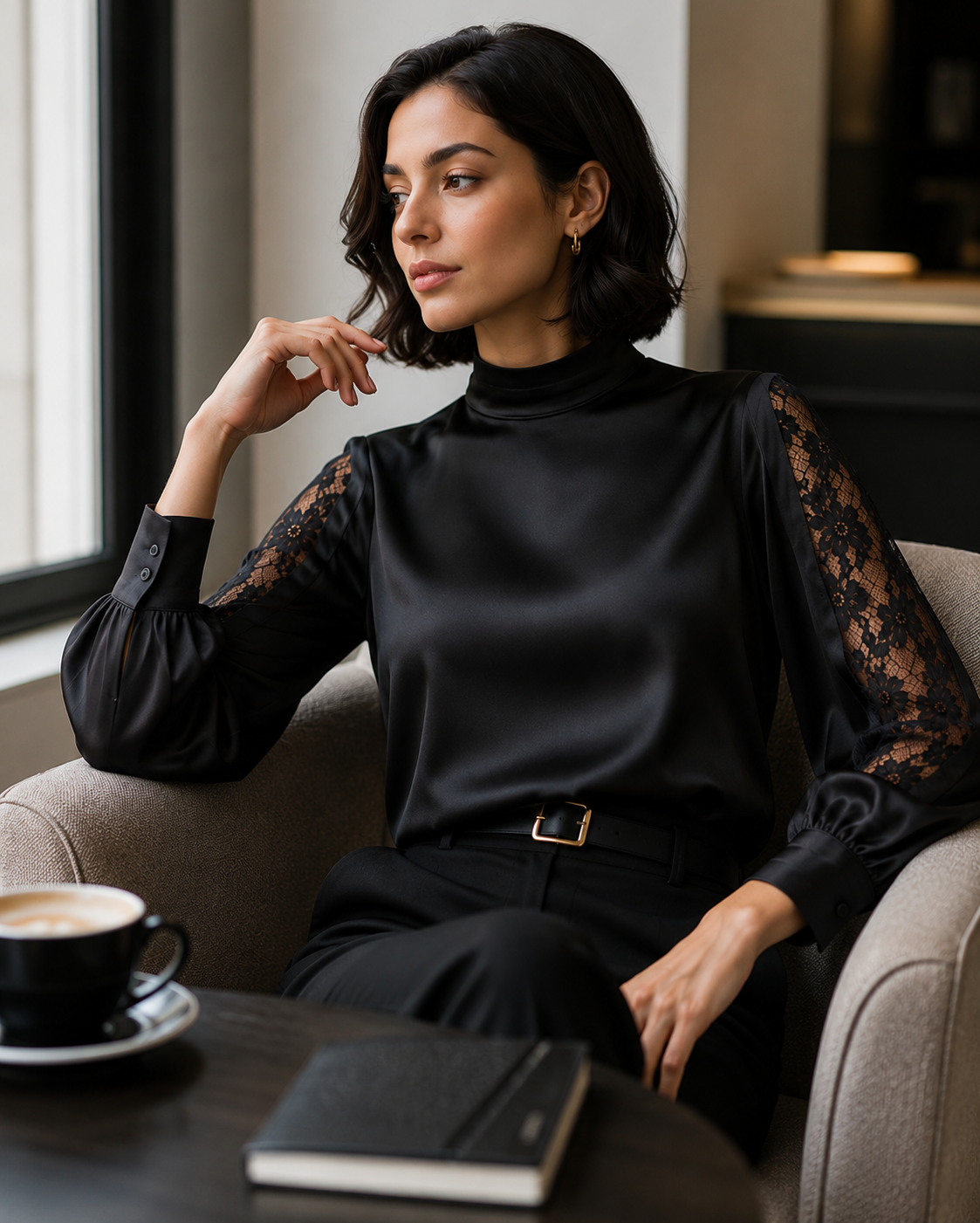 Lace Inset Satin Mock Neck Blouse