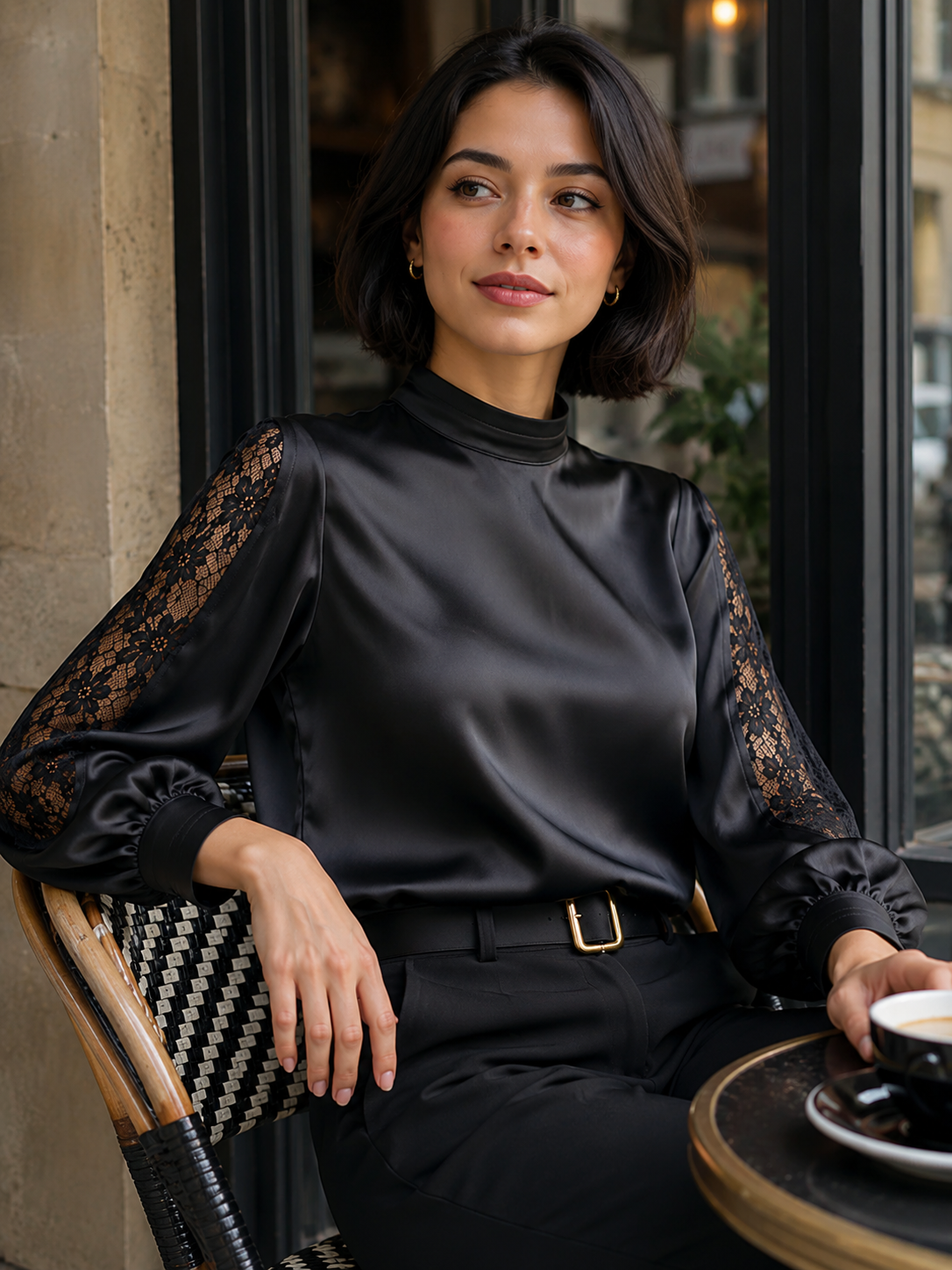 Lace Inset Satin Mock Neck Blouse