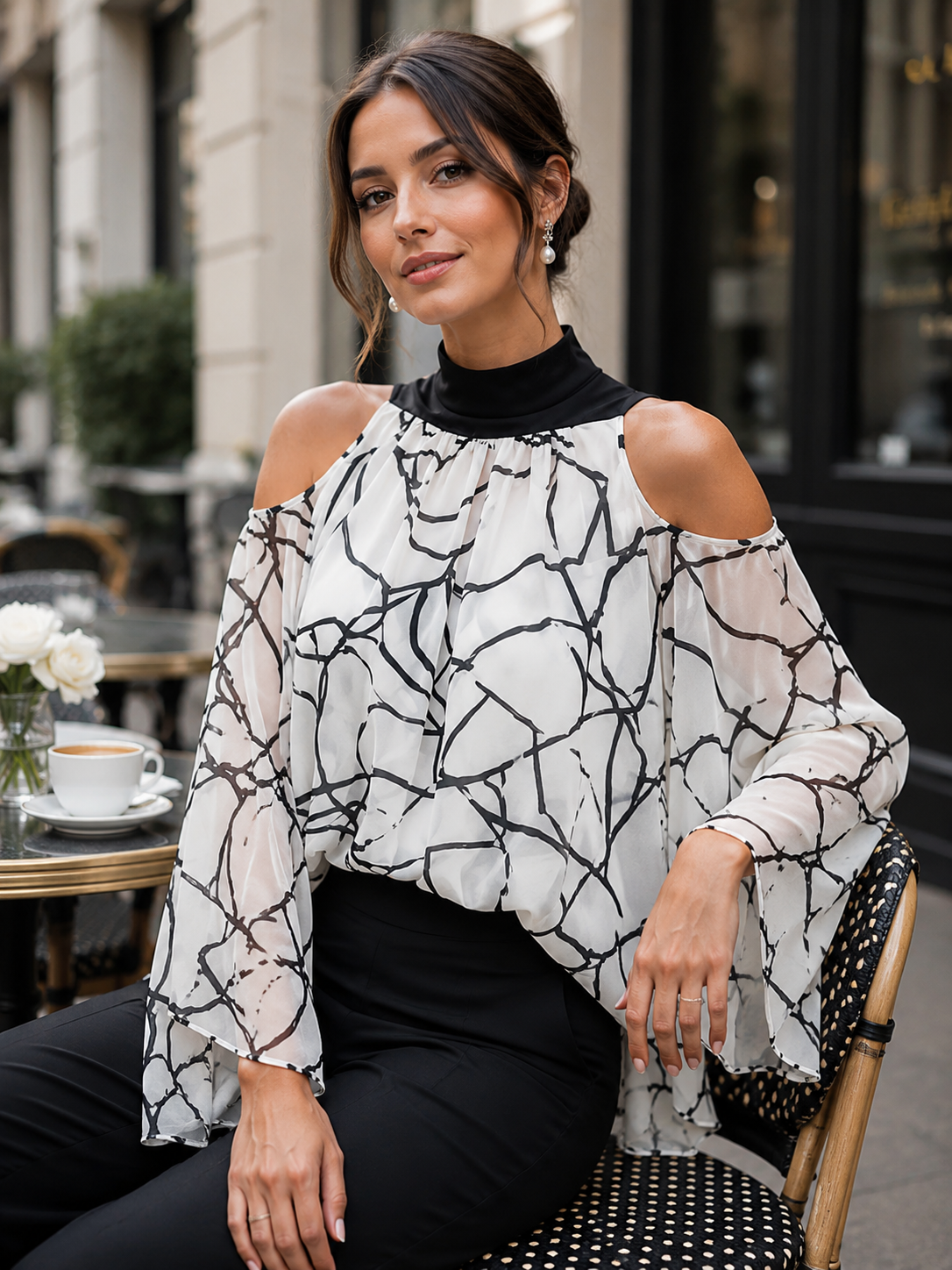 Elegant Black And White Printed Cold Shoulder Blouse