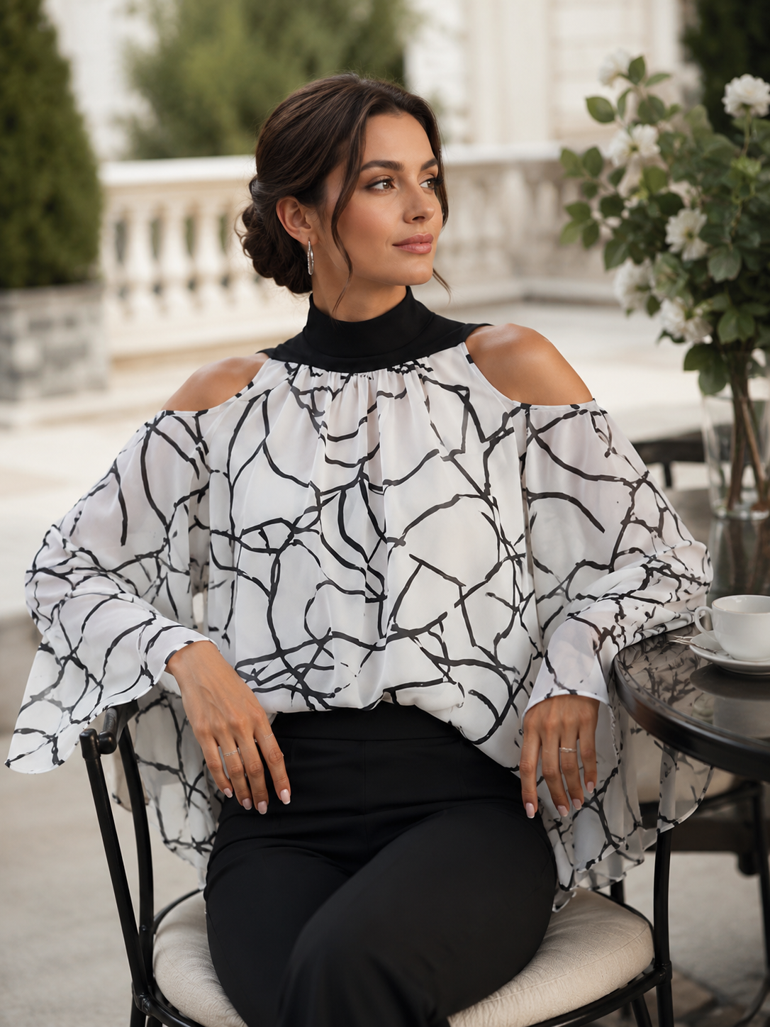 Elegant Black And White Printed Cold Shoulder Blouse