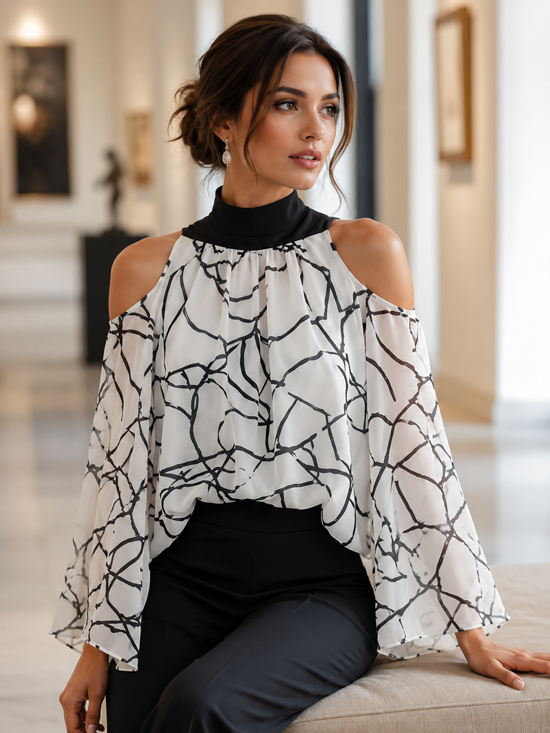 Elegant Black And White Printed Cold Shoulder Blouse