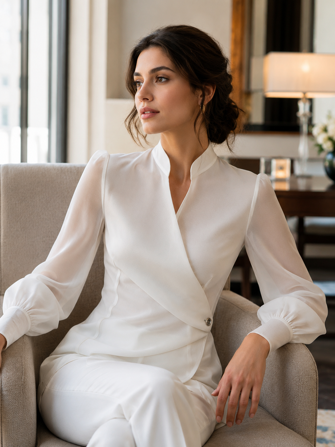 Mandarin Collar Wrap Front Sheer Sleeve Blouse