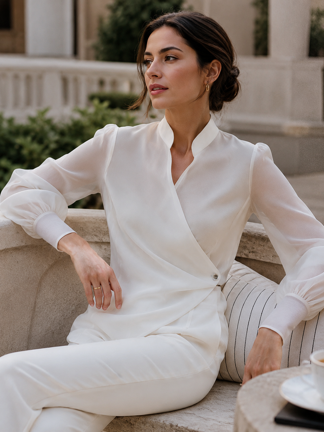 Mandarin Collar Wrap Front Sheer Sleeve Blouse