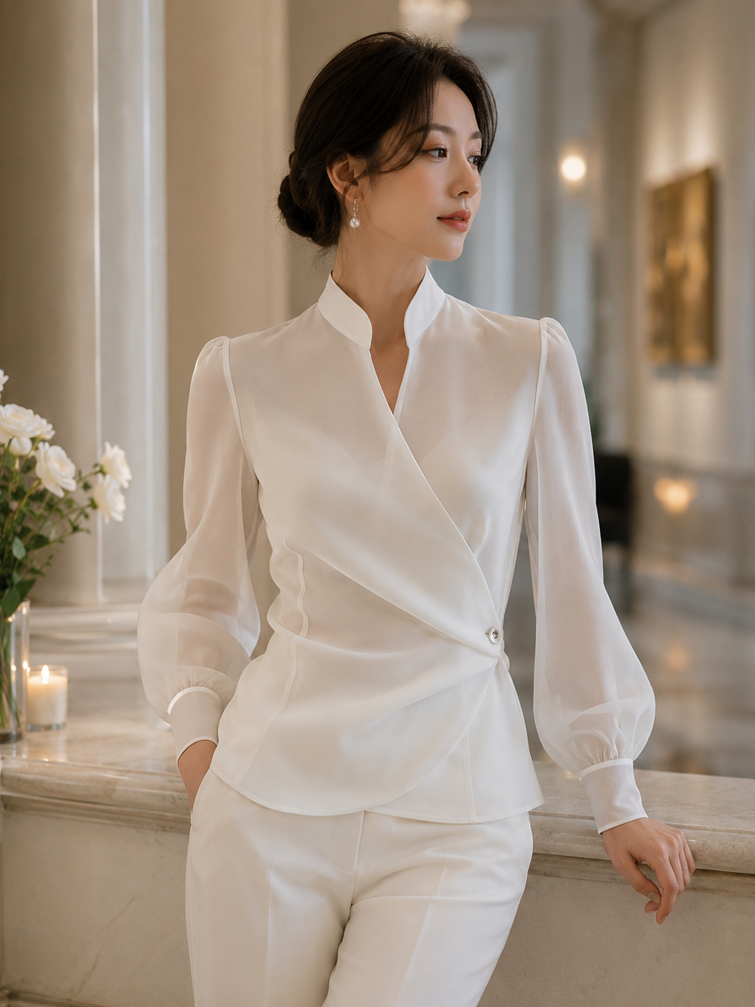 Mandarin Collar Wrap Front Sheer Sleeve Blouse