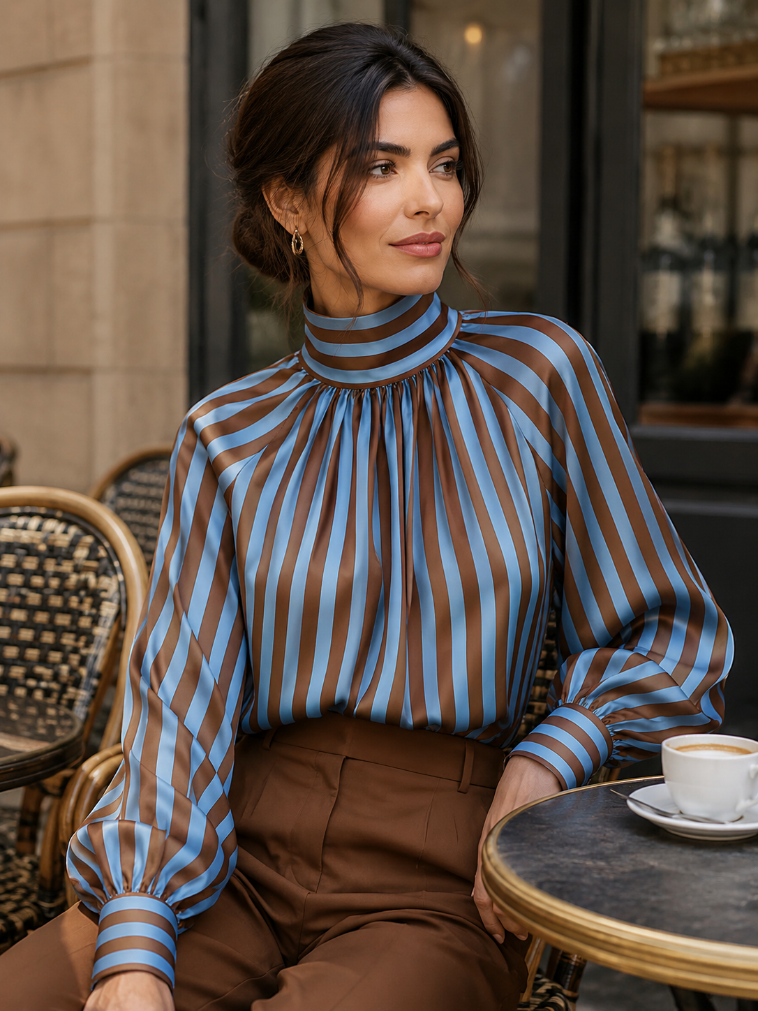 Striped High Neck Pleated Blouse with Balloon Sleeves