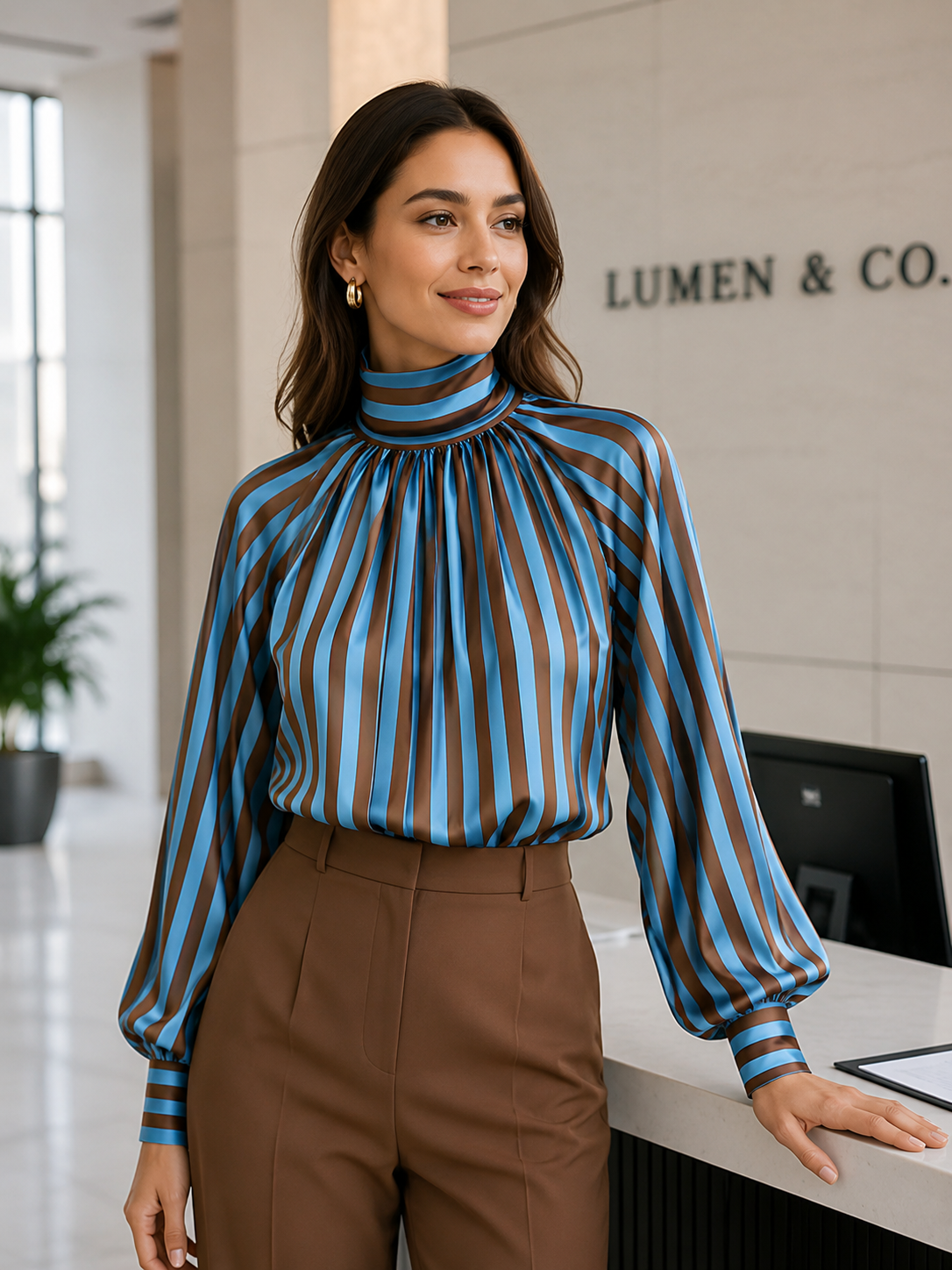 Striped High Neck Pleated Blouse with Balloon Sleeves