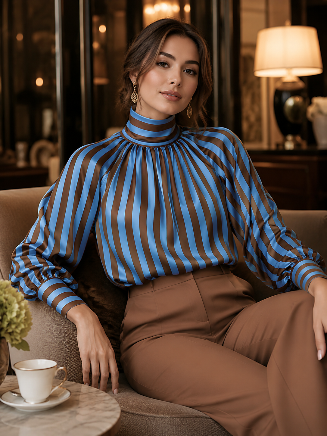 Striped High Neck Pleated Blouse with Balloon Sleeves