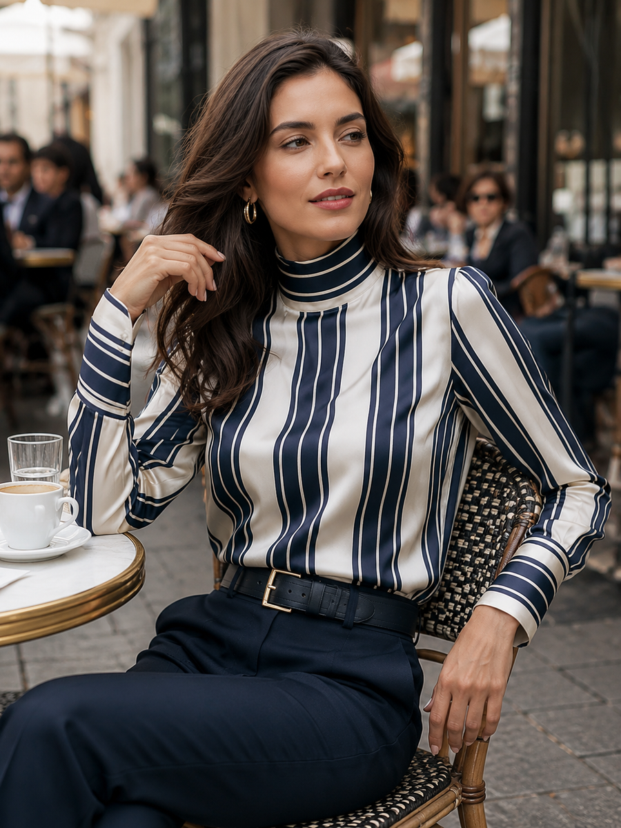 Striped Satin High-Neck Blouse