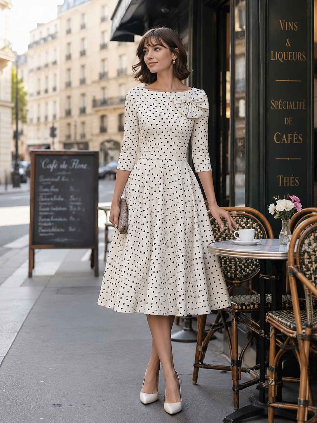 Elegant Polka Dot Bow Detail A-Line Midi Dress