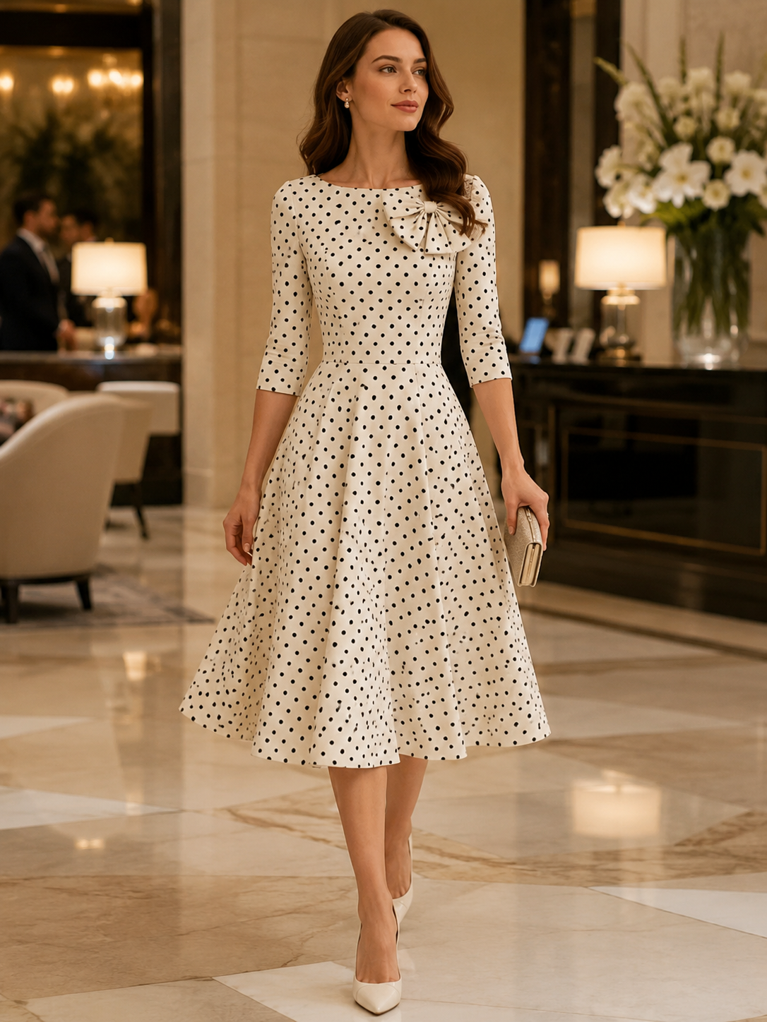 Elegant Polka Dot Bow Detail A-Line Midi Dress