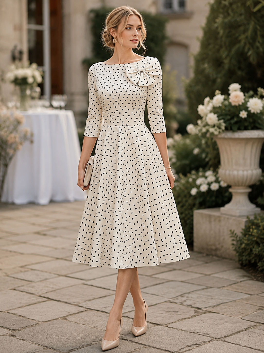 Elegant Polka Dot Bow Detail A-Line Midi Dress