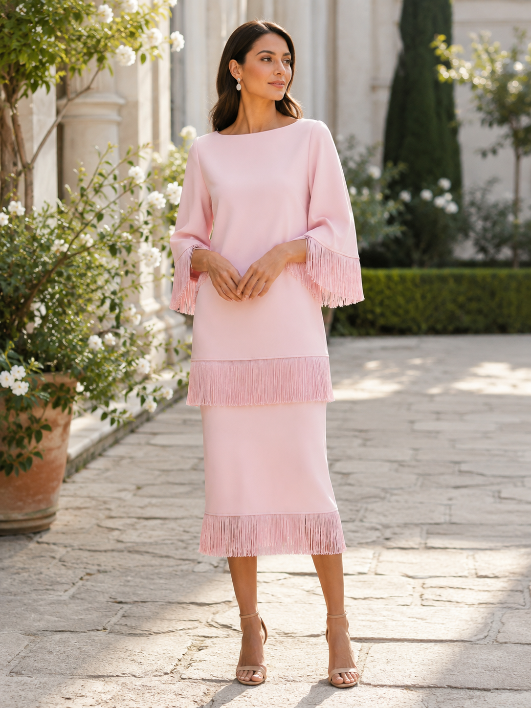 Tassel-Trimmed Layered Midi Dress