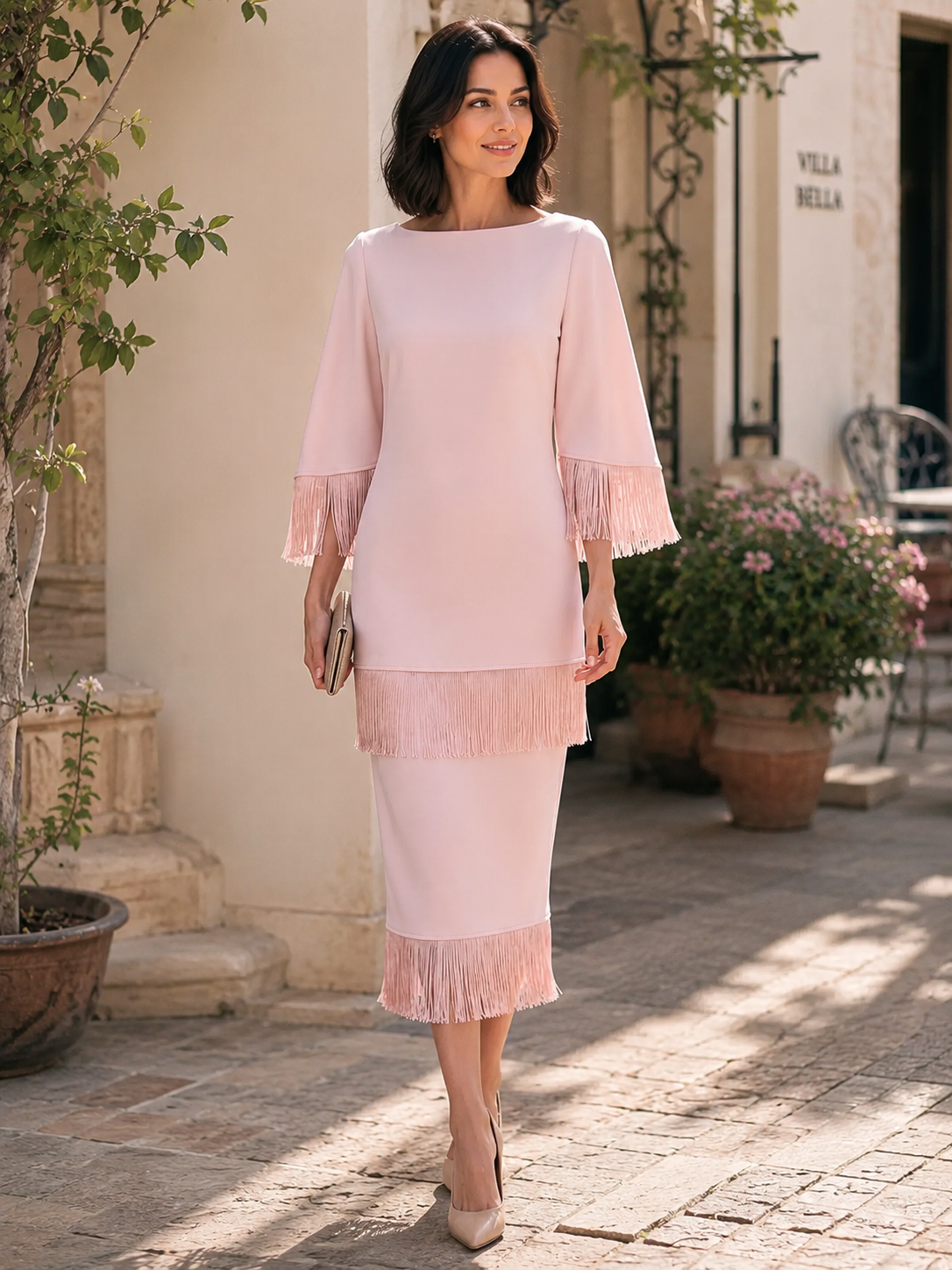 Tassel-Trimmed Layered Midi Dress