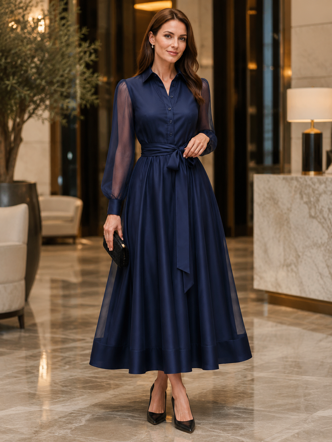 Formal OccasionSheer Tulle  Sleeve Satin Midi Shirt Dress With Self Tie Belt