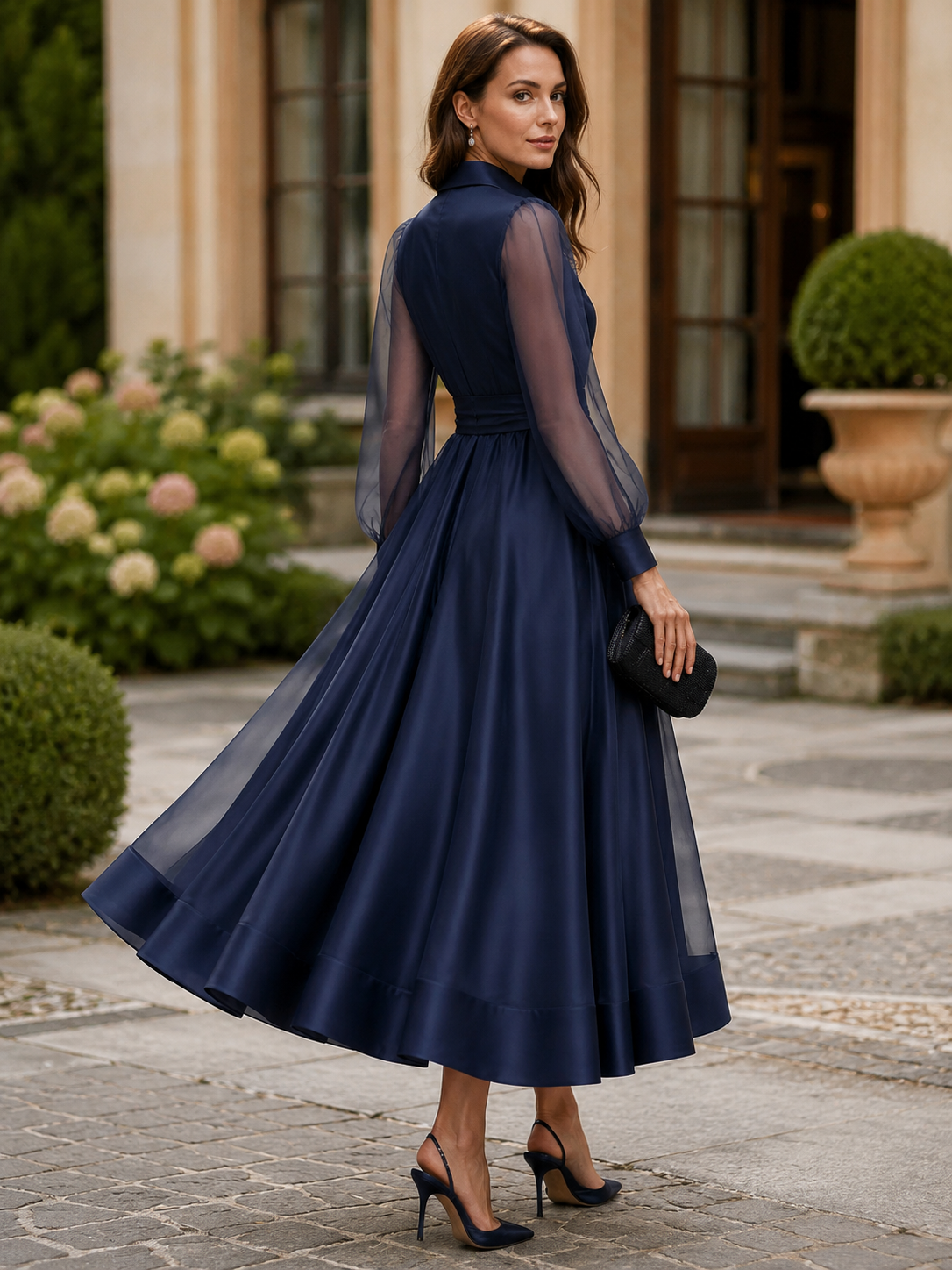 Formal OccasionSheer Tulle  Sleeve Satin Midi Shirt Dress With Self Tie Belt
