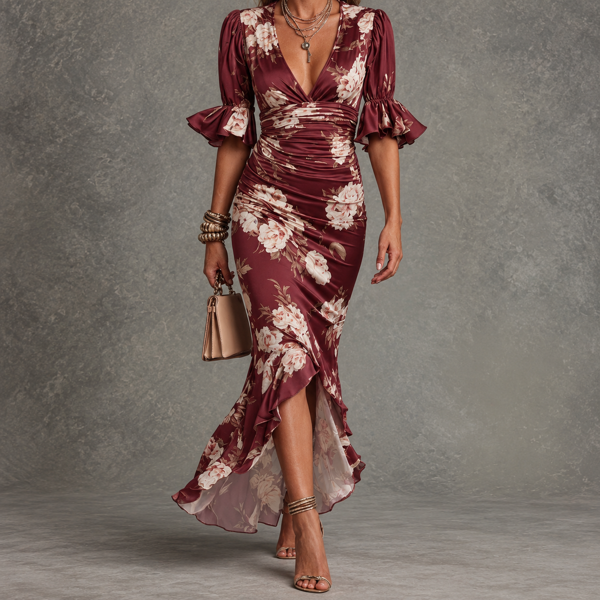 Anastasia | Long Satin Dress with Floral Print