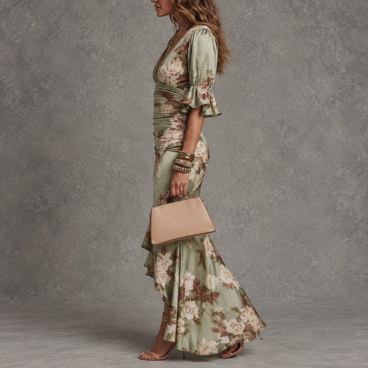 Anastasia | Long Satin Dress with Floral Print